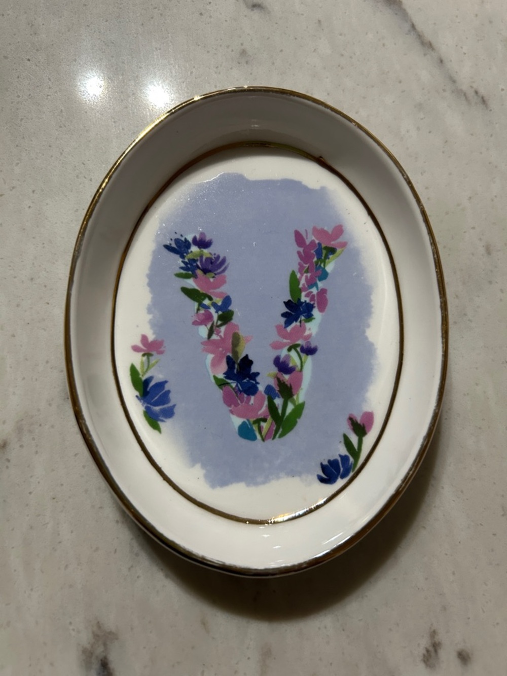 Anthropologie Floral Monogram “V”Trinket Dish – Gold Rimmed Ceramic